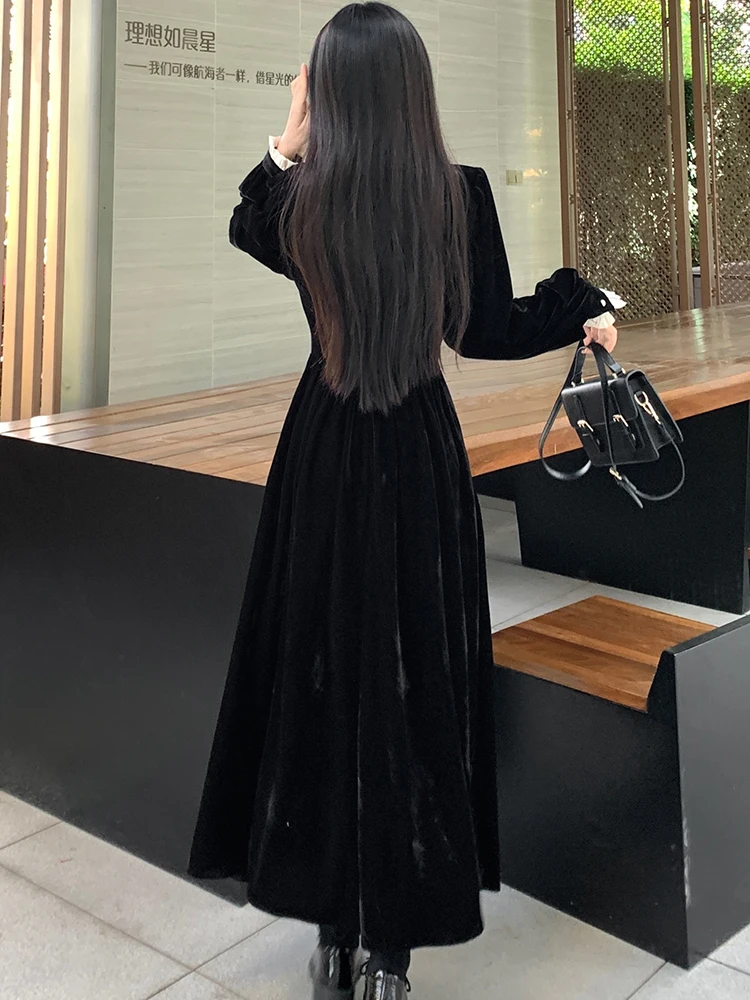 2024 Black Velvet Long Sleeve Chic Bow Collar Long Dress Korean Vintage Hepburn Women\'s Dress Gown Autumn Winter Elegant Dresses