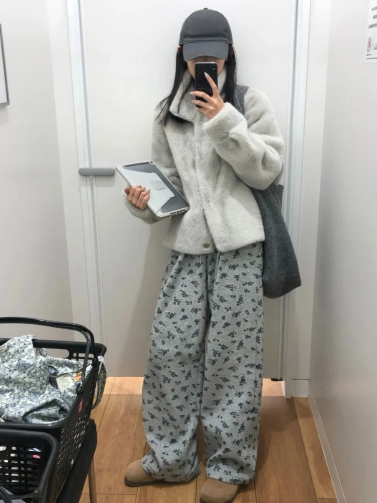 Y2k Aesthetic Streetwear Vintage Flower Straight Pant Women Casual Harajuku Pantalon Personality 2024 Grunge Wide Leg Trousers