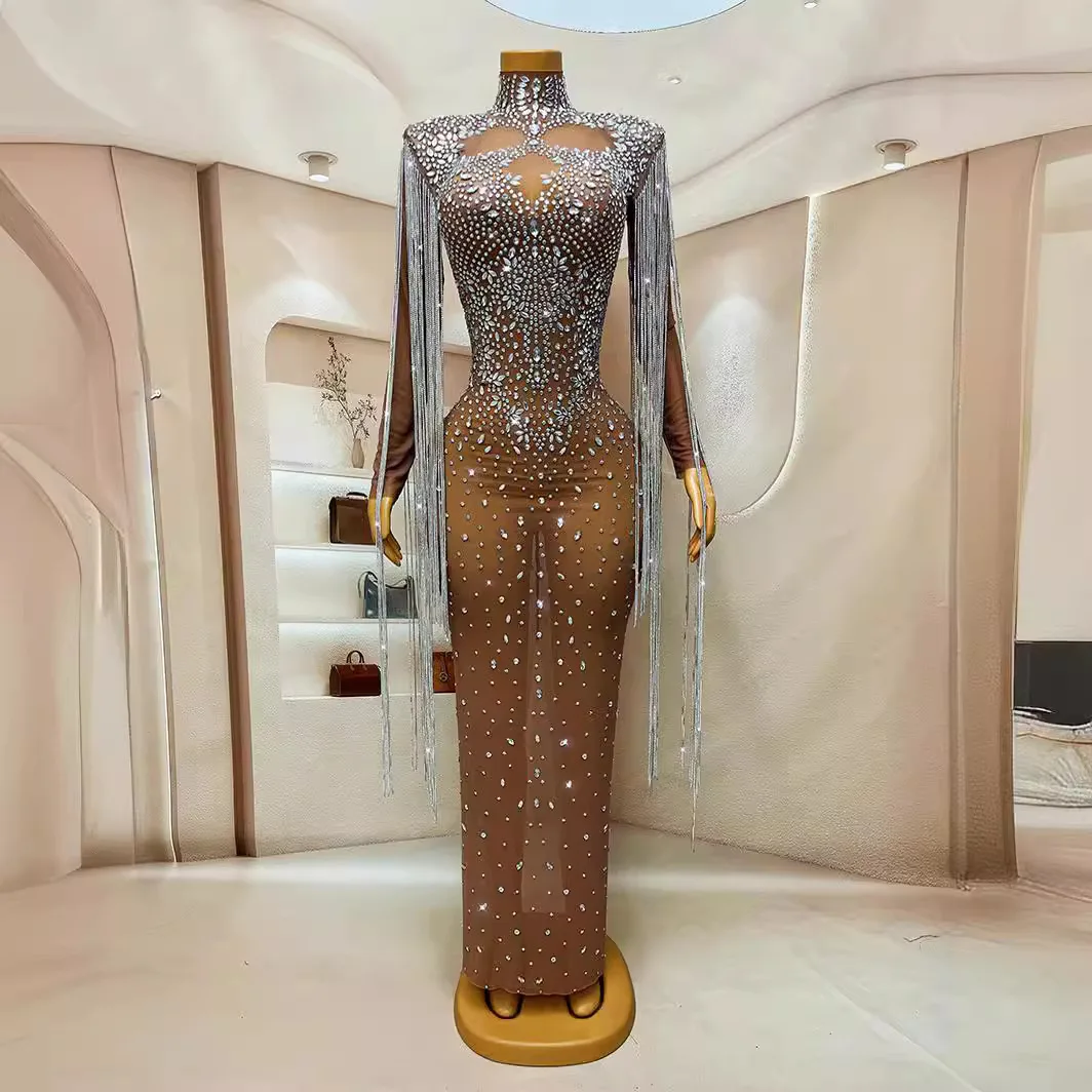 

Performance Clothes Nightclubs Bars Women's Full Diamonds Fringes Slim And Thin Dresses Hip Wraps And Wedding Women Sexy Dresses