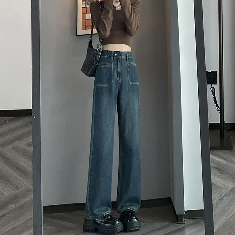 Women High Waist Jeans Straight Trousers Vintage Loose Denims Pockets Denim Full Length Streetwear Female Wide Leg Pants