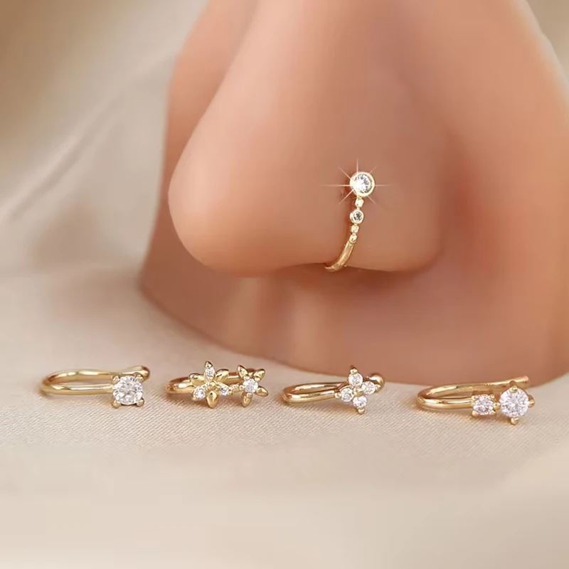 5Pcs Unique U-Shaped Non Piercing Nose Clip, Simple Hip Hop Style Inlaid Cubic Zirconia Fake Nose Ring Body Jewelry for Women