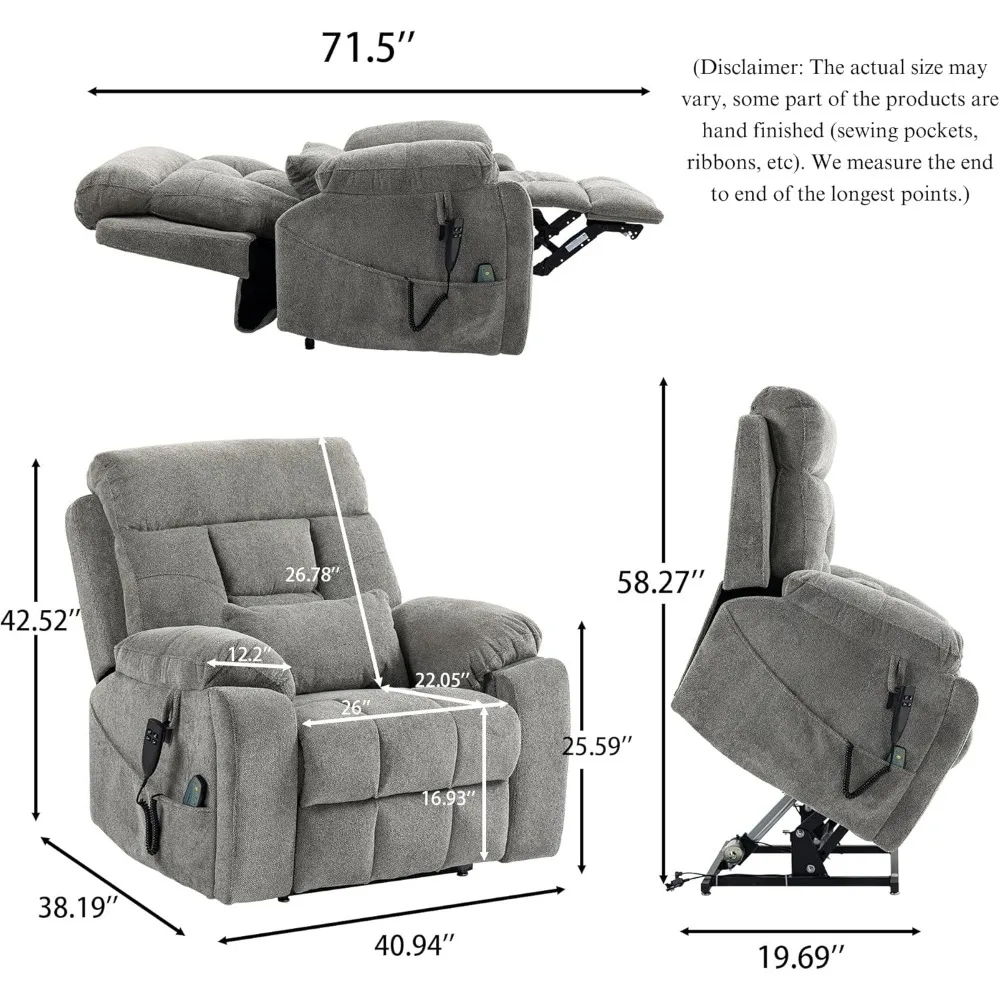 Oversized Power Lift Recliner with Heat & Massage Lumbar Pillow & Cup Holders Dual Motor Big Tall 400 Lbs Capacity Knitted Plush