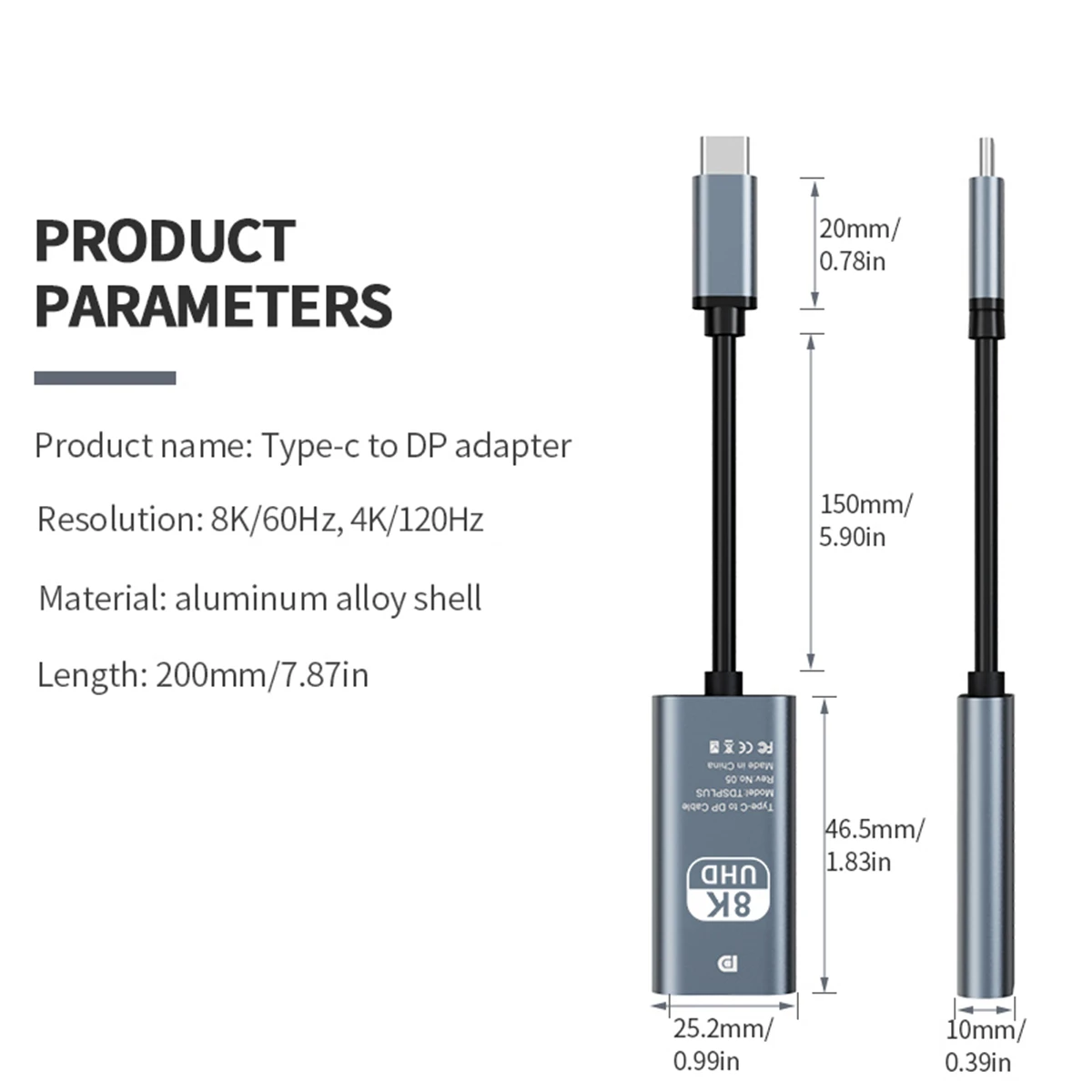 8K60Hz USB-C to DP converter, Aluminum Shell Type-C To DP Adapter For MacBook,Tablet,Mobile Phone,Laptop