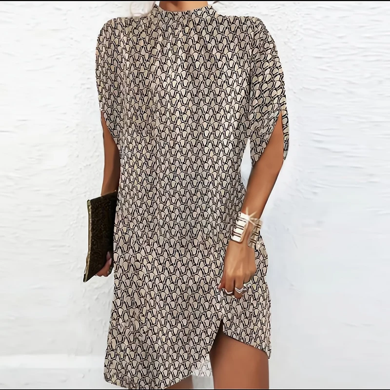 Autumn New Fashion O Neck Dress For Women Loose Casual Solid Printed Batwing Sleeve Elegant Commute Party Dresses Female Vestido