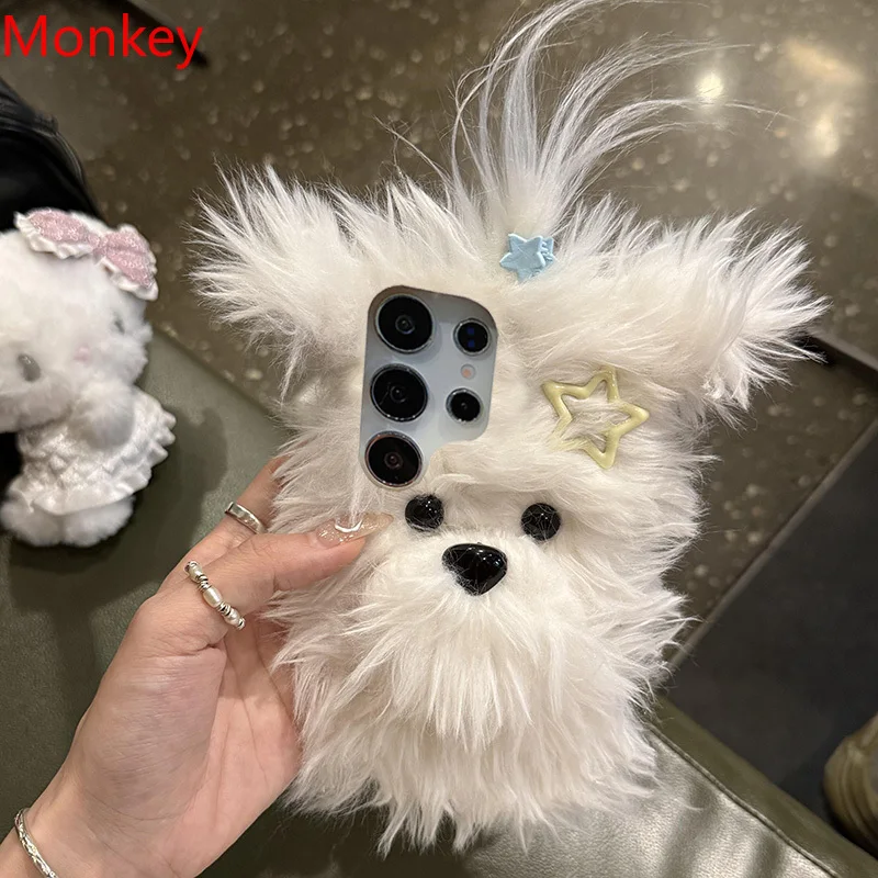 Cute Fluffy Plush Bow Puppy Furry Case For Samsung S25 Ultra S24 FE S23 S22 S21 S20 S10 S9 Winter Warm Fur Soft Protective Cover