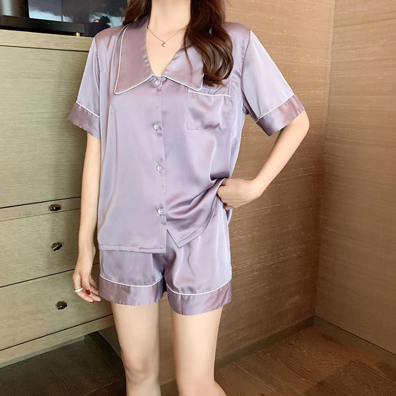 Elegant Rhinestone Button Purple Pajamas Women Y2k Simulated Silk Ladies Summer Short Lounges 2024 New Fashion Solid Nightwear