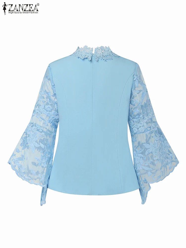 ZANZEA 2025 Elegant Women Blouse Summer 3/4 Flare Sleeve Tunic Tops Fashion Lace Shirts Mesh Patchwork Casual See-through Blusas