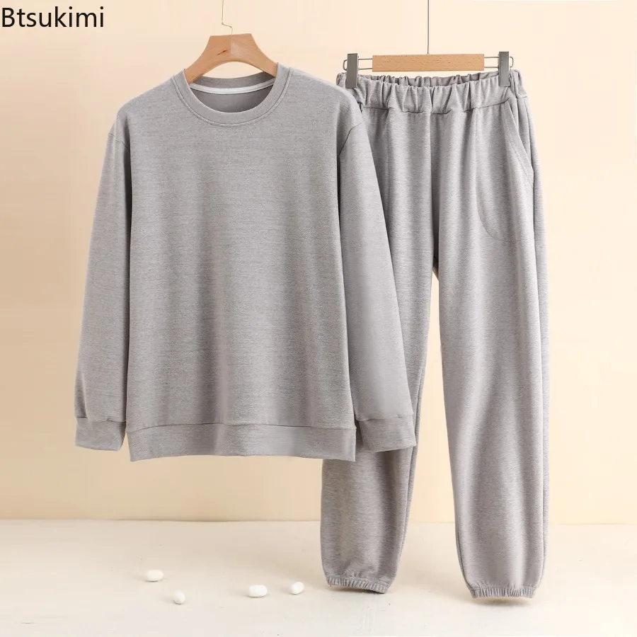 2024Autumn Winter Warm Homewear Sets Men\'s Pajamas Long Sleeve O-neck Pullover and Pants Loose Comfort Thicker Sleepwear for Men