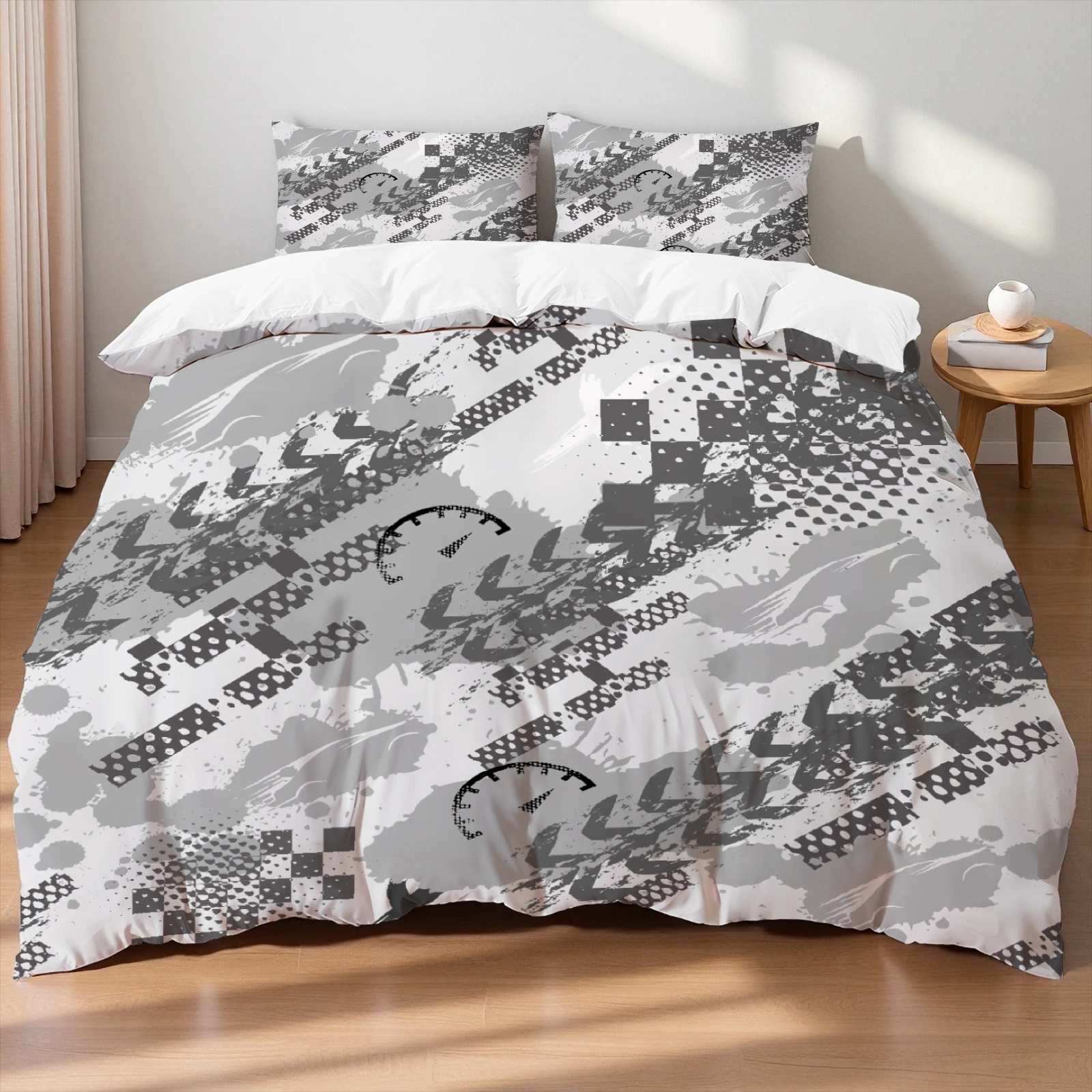 Retro Orange Black Tile Bedding Set  Wrinkle-Free Fade-Resistant Bohemian Floral Pattern Duvet Cover Set For Home Bedroom