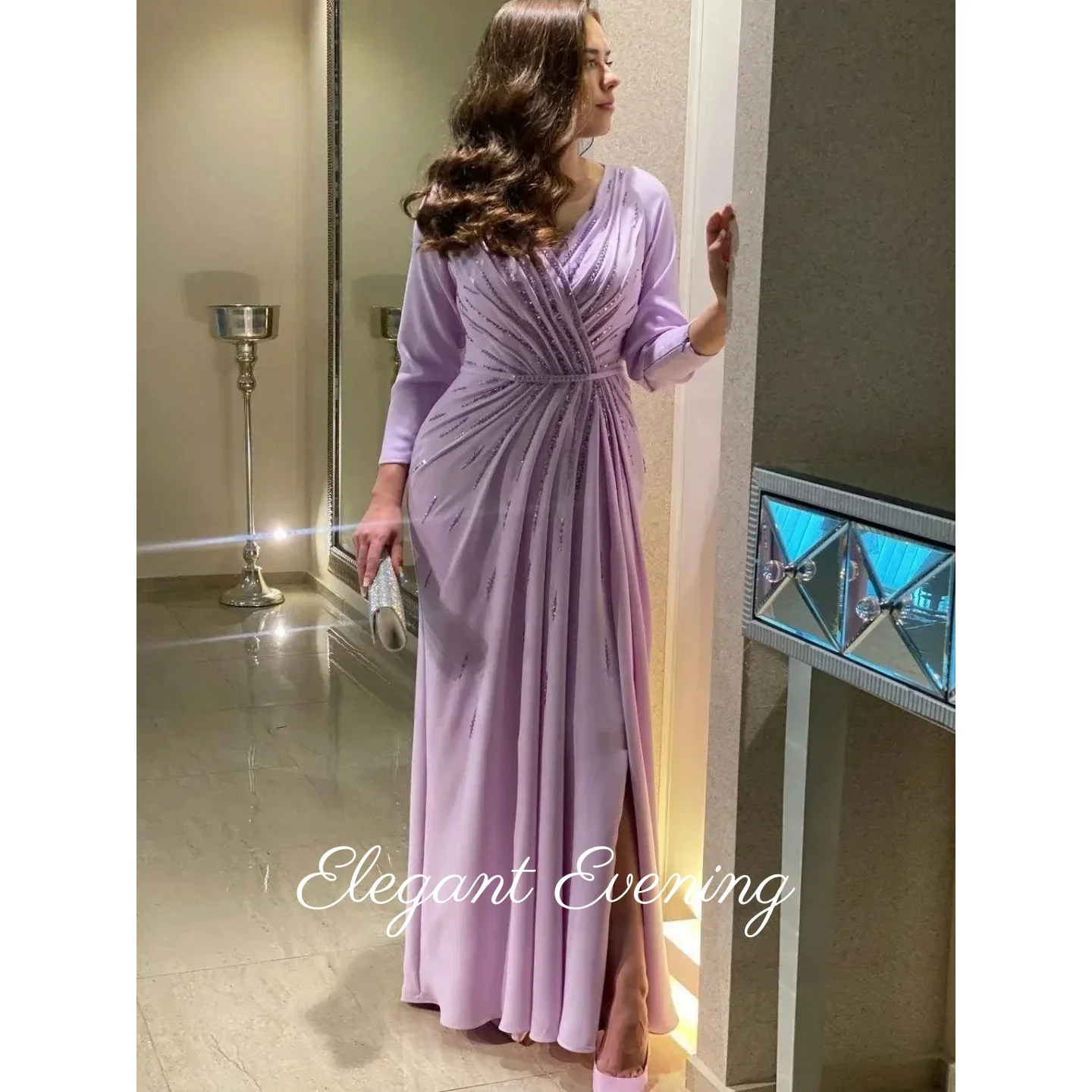

Purple Beadings Prom Dresses Saudi Arabia V Neck Beaded Elegant Party Evening Gowns for Women Long Sleeves Crystal Wedding Guest