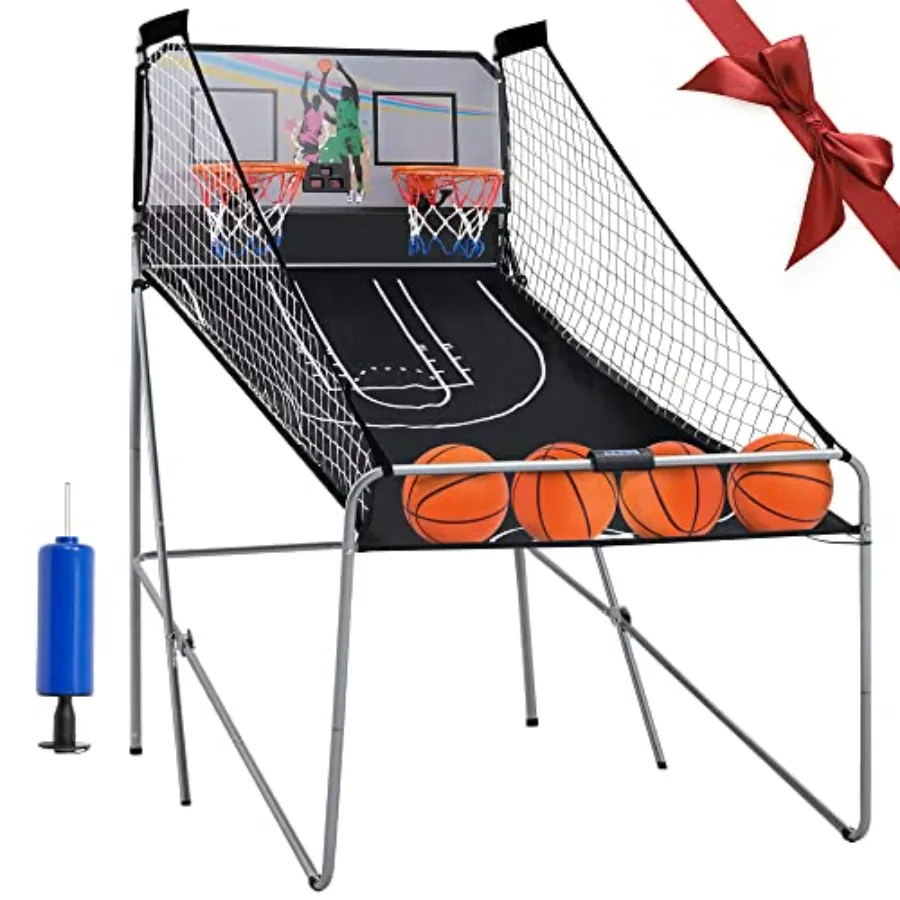 Indoor arcade basketball game for youth and adults: foldable electronic dual hoop with 8 game modes 4 balls LED scoring black p