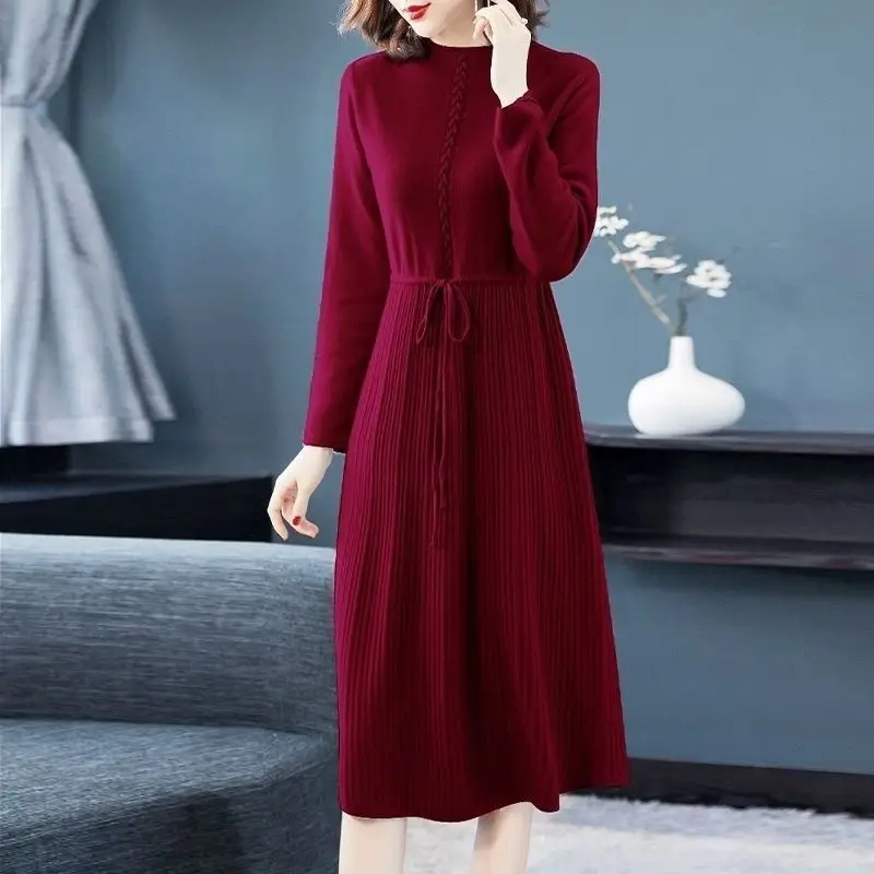 

Осень-зима офисное женское простое трикотажное платье со шнуровкой женское темпераментное свободное однотонное длинное платье с длинными рукавами женское