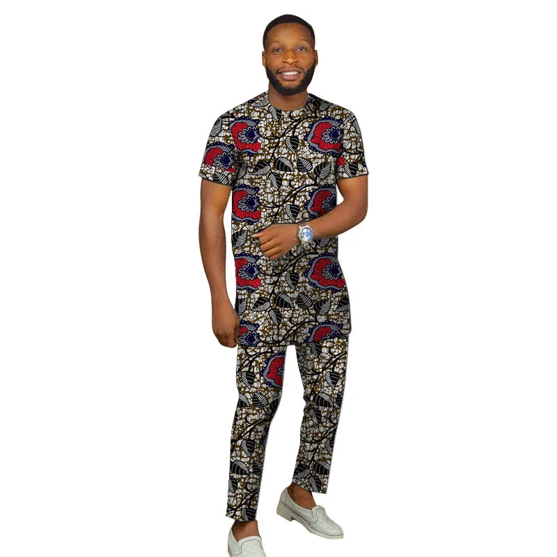 

Printed Men's Sets Tops+Elastic Waist Trousers Ankara Short Sleeves Groom Suit Tradition African Wedding/Party