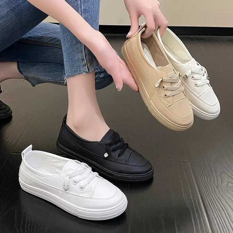 Women\'s Casual Shoes Solid  Sneakers PU Leather Vulcanized Shoes Ladies Lightweight Soft Sole Flat Shoes