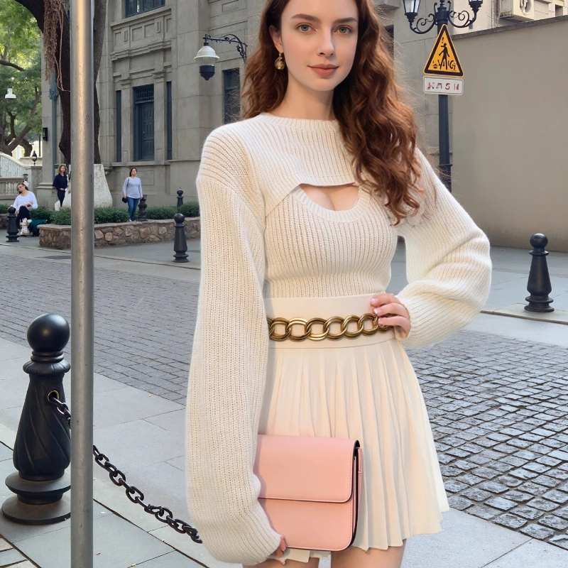 

Модный осенний женский вязаный топ с длинным рукавом и круглым вырезом, элегантный трикотаж, осенний сексуальный жилет, пуловер, короткий свитер, комплект из двух предметов