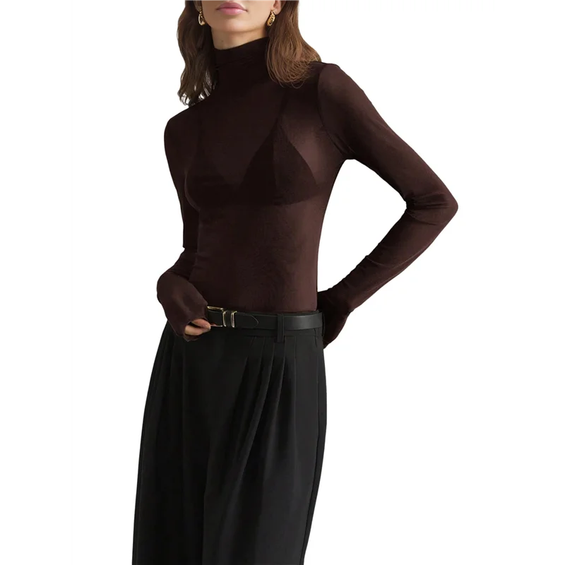 NEW-Women's Stand-Up Collar Solid Color Mesh Slim Long-Sleeved Top, See-Through Shirt