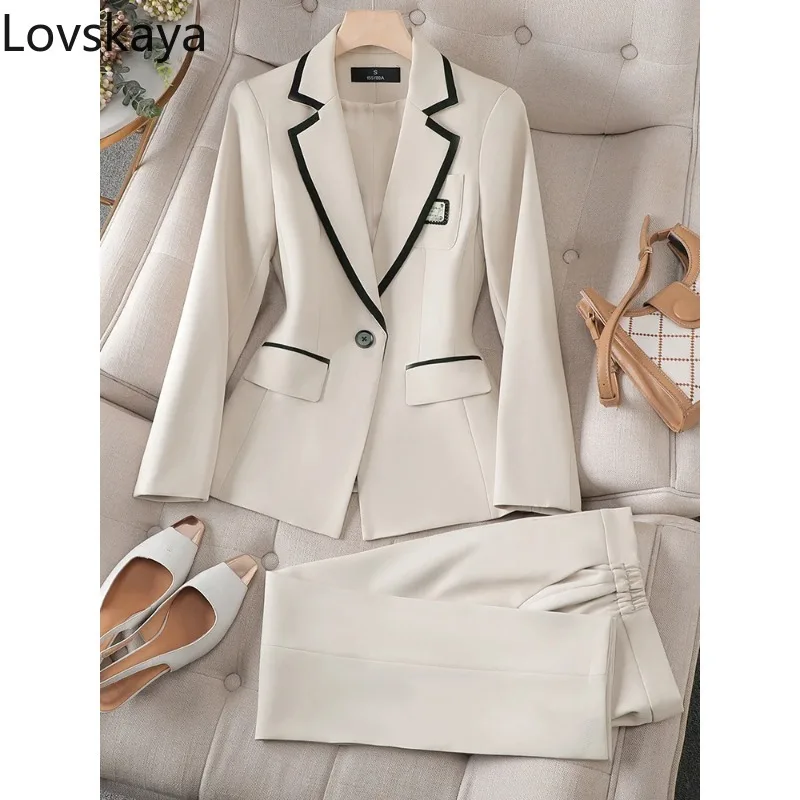 Blazer and Trouser Set for Women, Formal Pant Suit for Office Ladies, Autumn and Winter Fashion, Gray, Black, Apricot