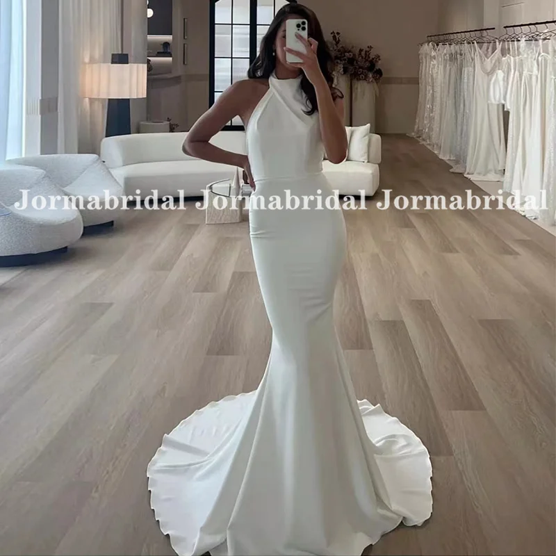 

Sexy Halter Neck Mermaid Wedding Dress for Women Long Crepe Open Back Custom Made Bridal Gown Vestido de novia Button Long Train