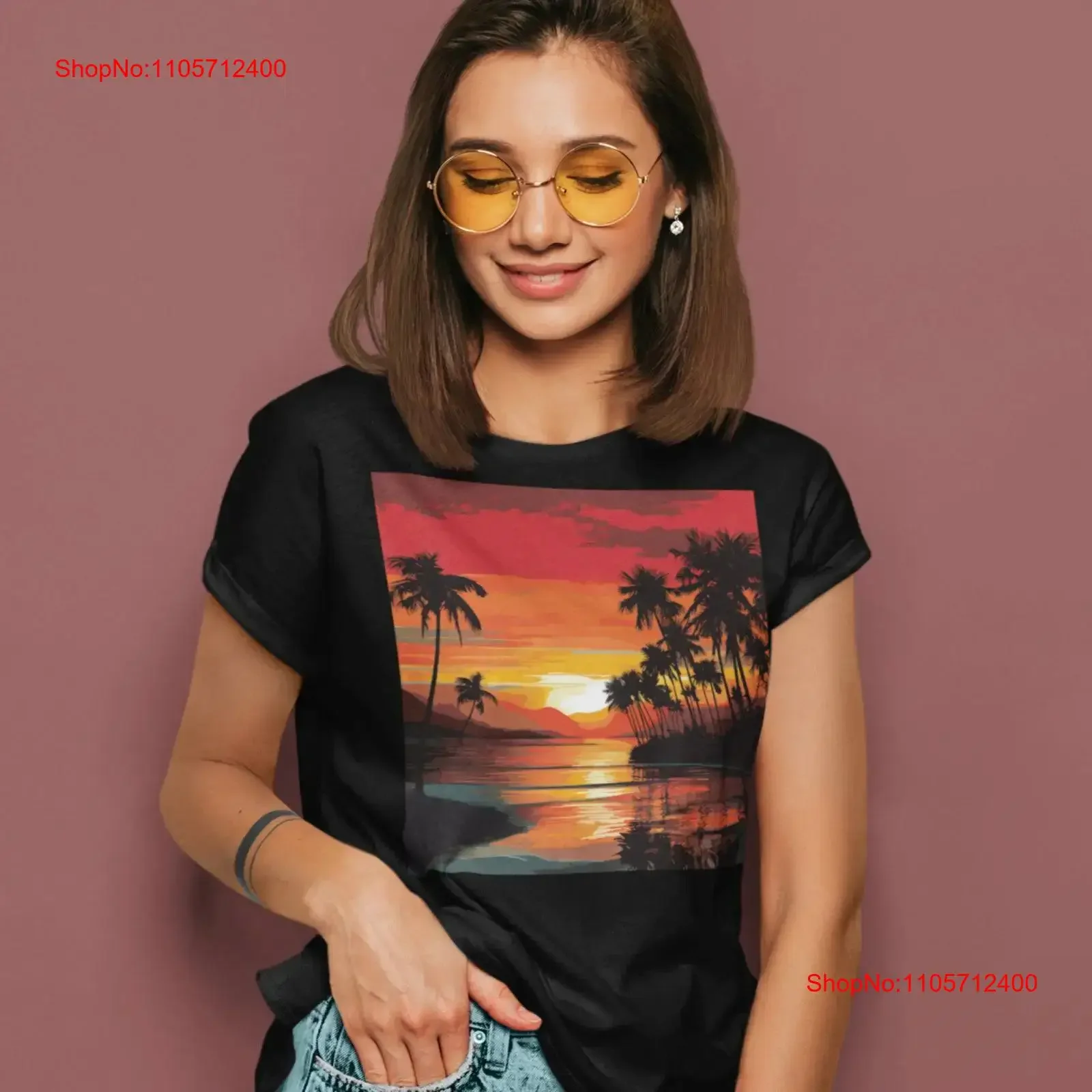 Sunset Cove T shirt Deep Red and Orange Sky Silhouetted Palm Trees vintage Washed Unisex streetwear Slightly Stretched homme