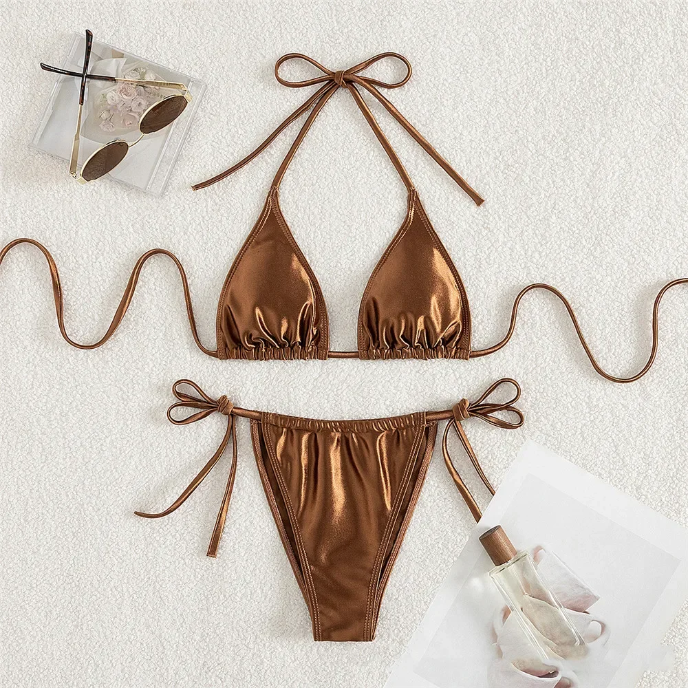 

Dark Brown Shiny Halter String Triangle Bikini Micro Mini Thong Sexy Swimsuit Women 2025 Lace-up Solid Swimwears Bikinis Sets