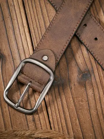 Men - Women - Western Denim - pu leather - Belt - Vintage jeans with carved buckle brown belt