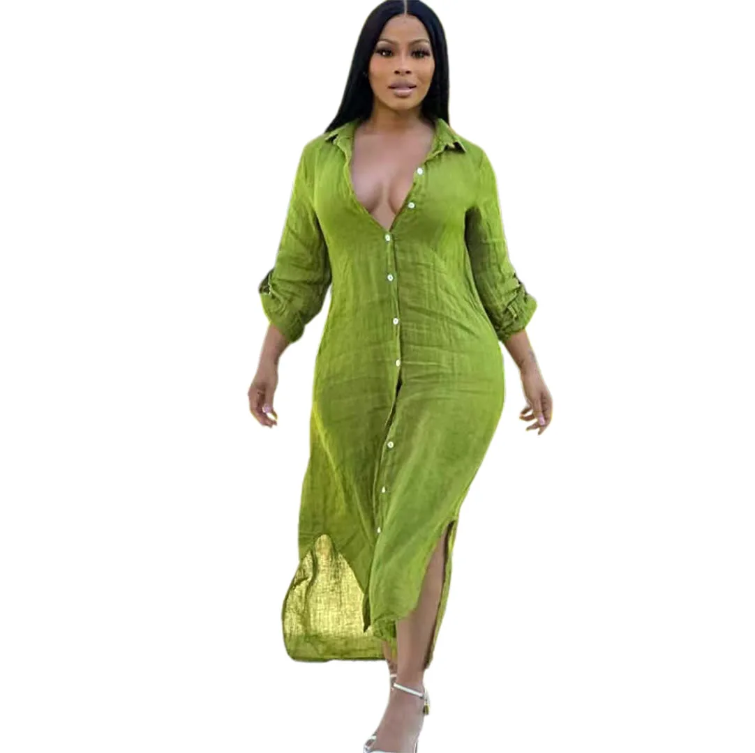 Shirt Dress Women Turn Down Collar Single Breasted Dresses Long Sleeve  Casual Solid Split Vestidos Button Lady Summer 2025 - AliExpress 200000345