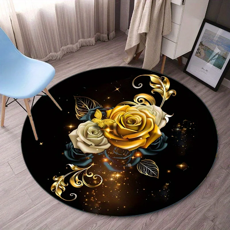 

Round Crystal Velvet Rug Gold Rose Flower Art Floor Mat Luxury Elegant Decor Sparkling Golden Pattern Round Carpet forLivingRoom