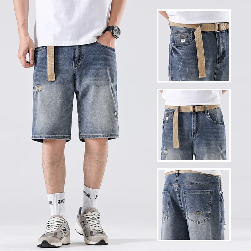 Summer new denim shorts men's summer thin stretch loose straight leg trendy versatile men's mid length pants short jeans for men