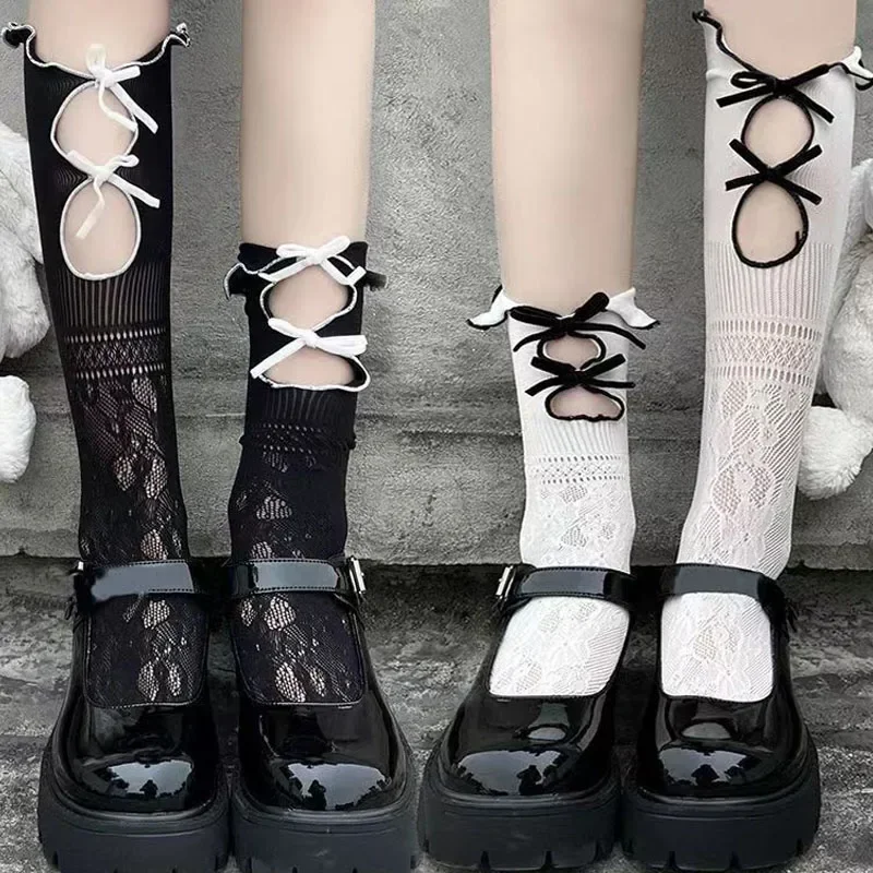 New Girls' Lolita Thin Stockings Calf Socks Girls Summer Jk Stockings Black White Japanese Style Lace Bow Hollow Mid-thigh Tignt