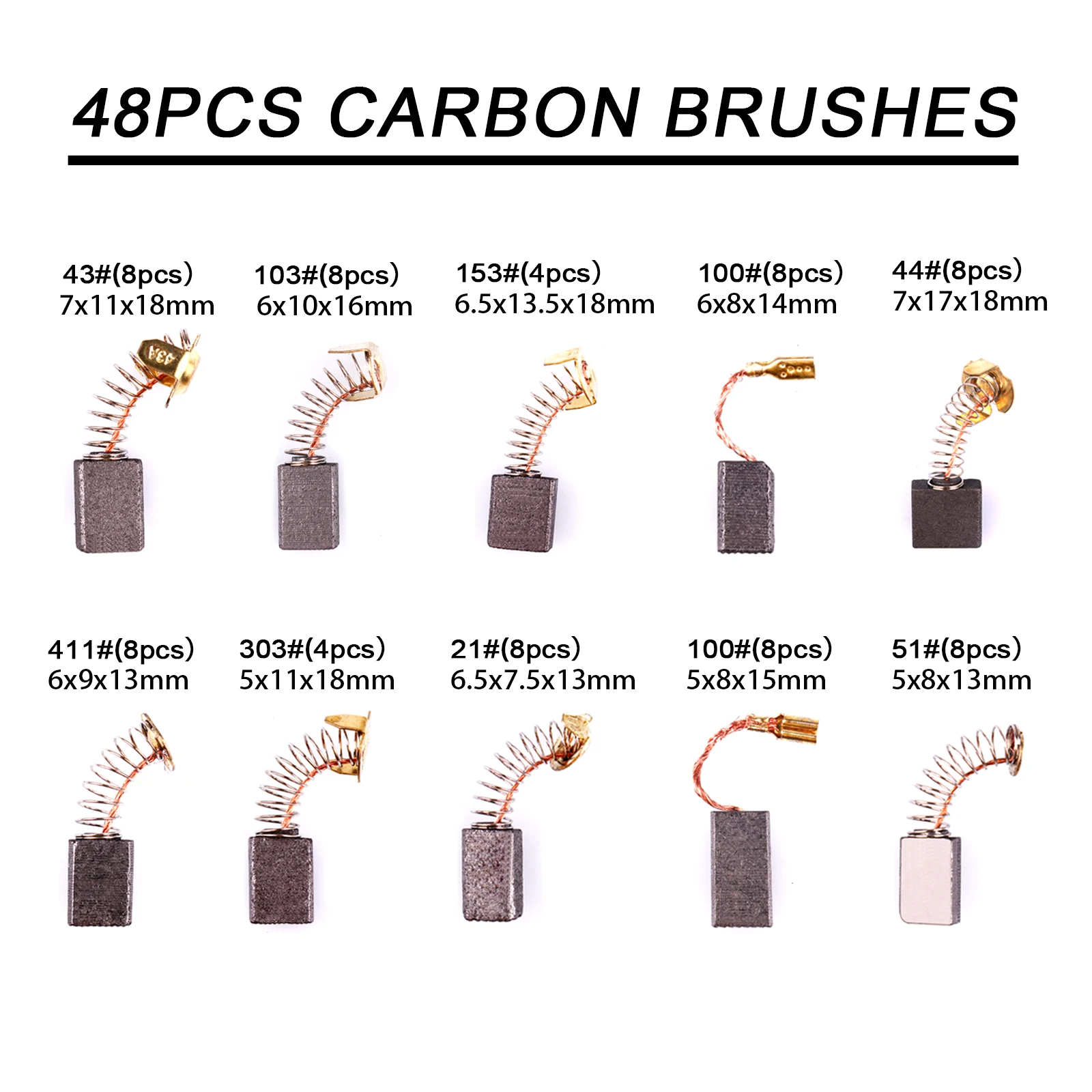 48Pcs Electric Motor Carbon Brushes 10 Different Sizes for Replacement Repair Power Tool Part