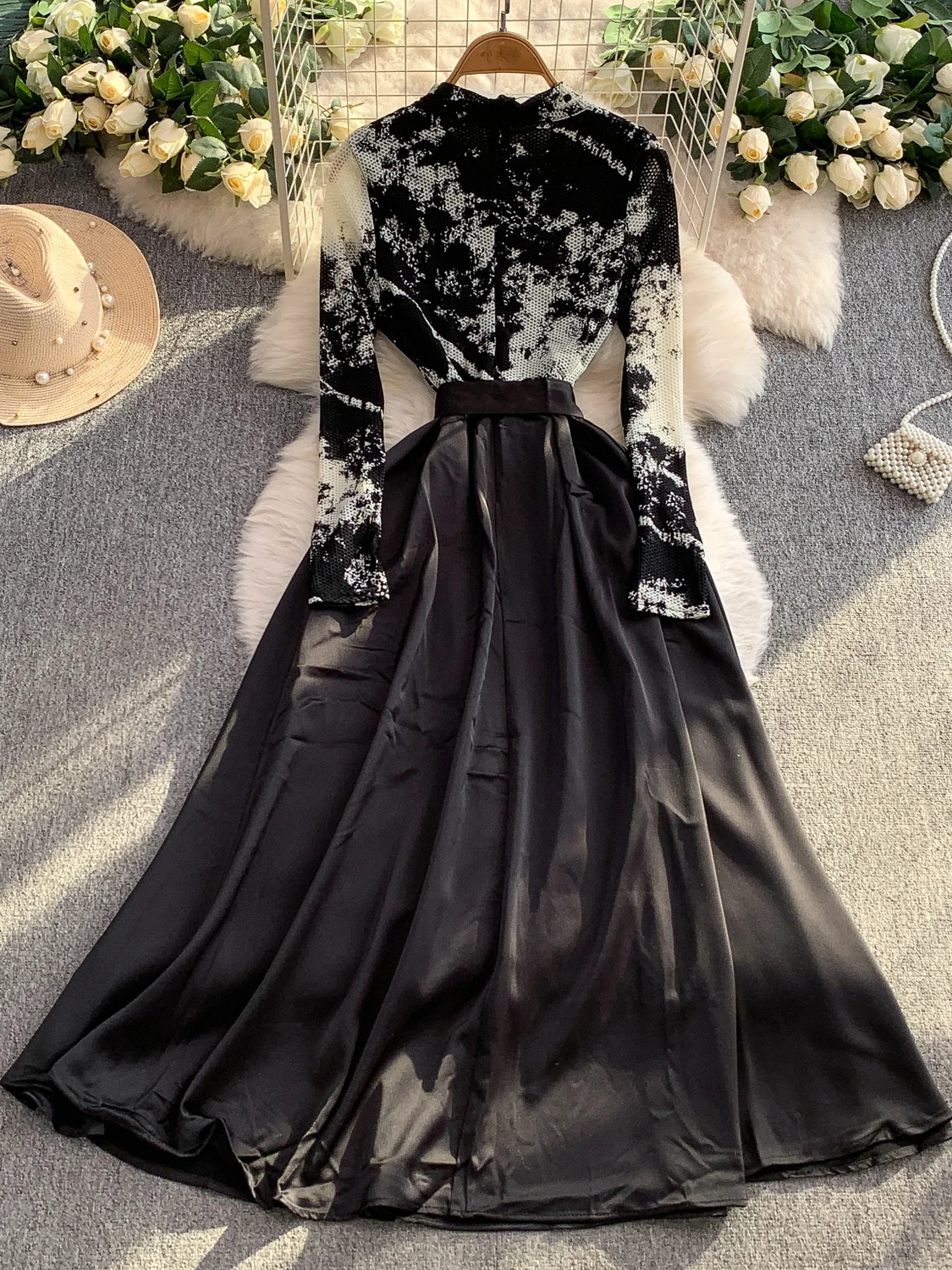 Ele Long Sve Adient Tie Dye Dr Damen-Seidensatin-Kleid mit hoher Taille und Sa Ele Vollrock Dr für Damen