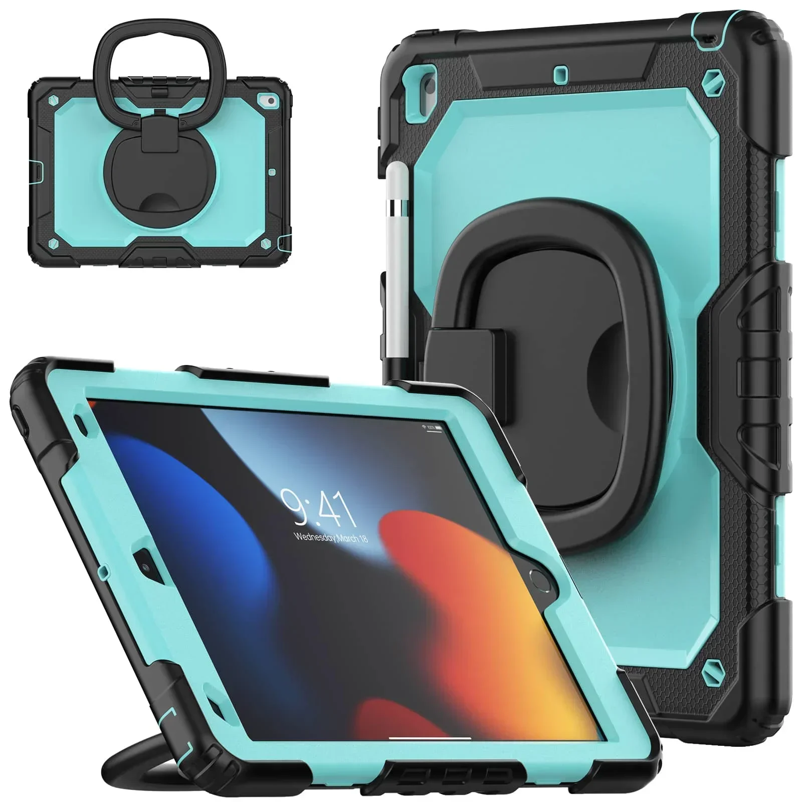 for iPad 7/8/9th 10.2'', Military Grade Shockproof Protective Silicone Cover 360 Folding Handle Grip + Handle Shoulder Strap
