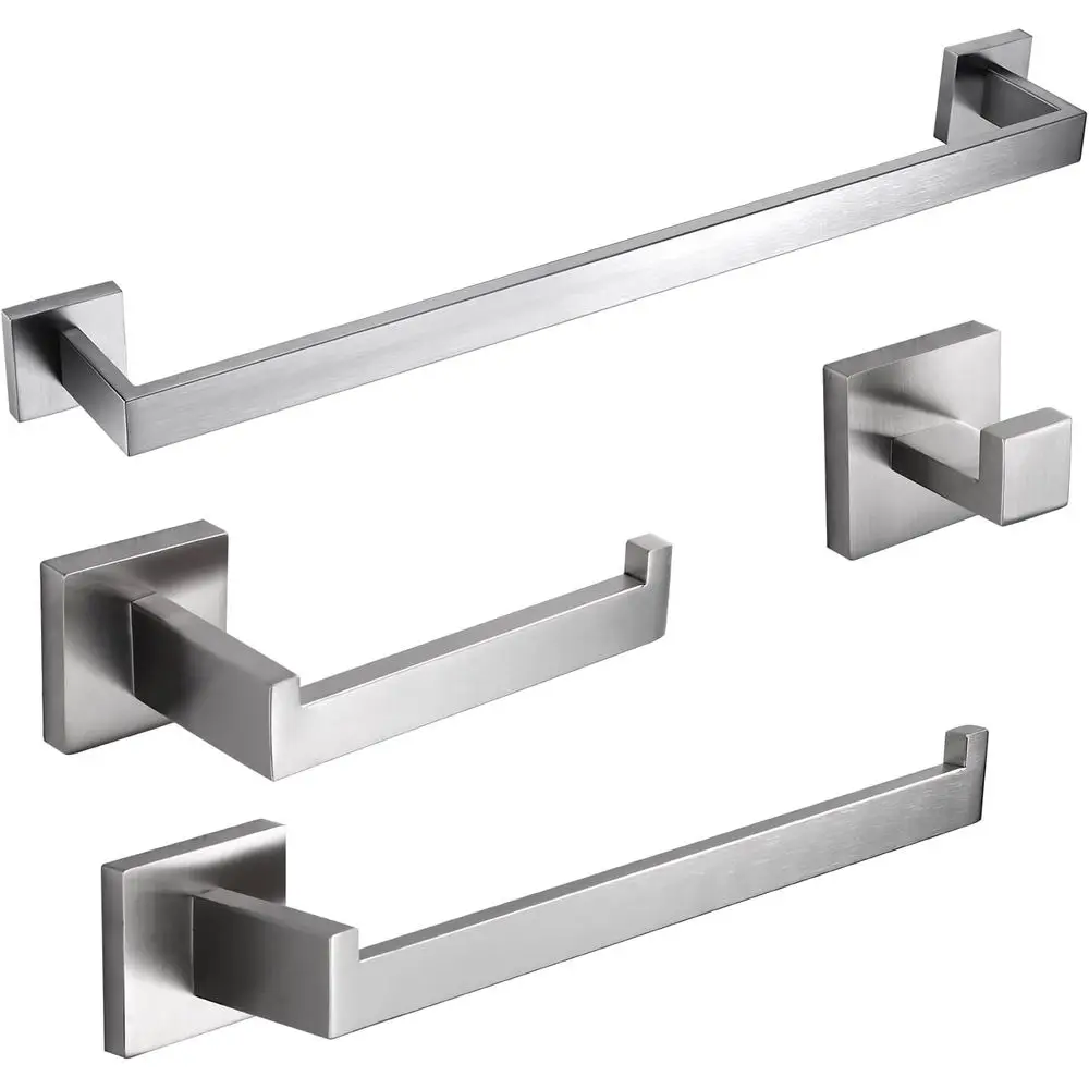 

4-Piece Bathroom Hardware Set, Heavy Duty Stainless Steel Towel Holder, Wall-Mounted Towel Bar Rack, Brushed Nickel Square Acces
