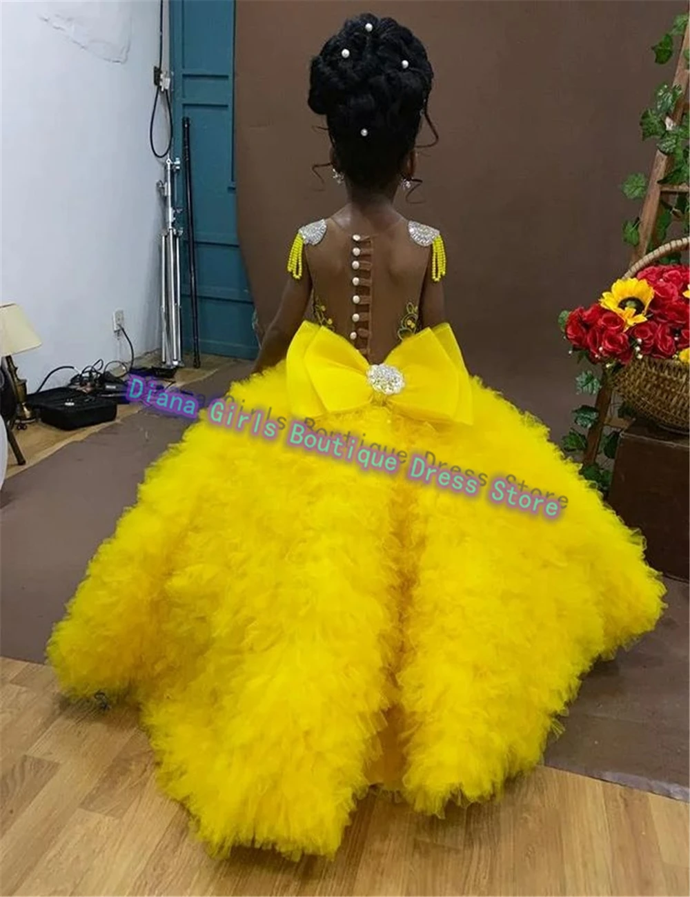 Vestido elegante personalizado de flores amarillas para niña, faja con lazo grande, esponjoso, capas de lentejuelas, boda, fiesta de cumpleaños para niños, vestidos de noche