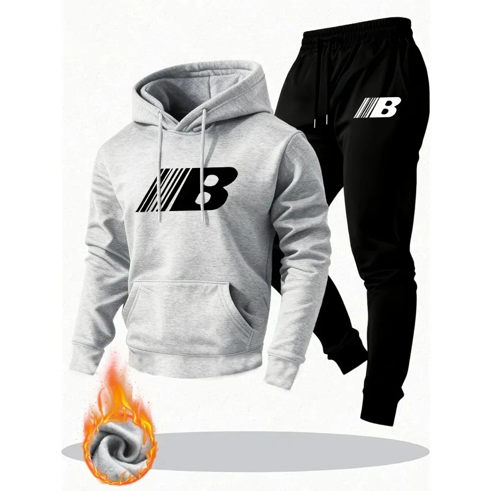 طقم رجالي دافئ مكون من قطعتين - هوديي وسروال ركض مريح من الصوف مع طباعة "B"، سروال طويل كاجوال، مثالي لخريف/شتاء #4