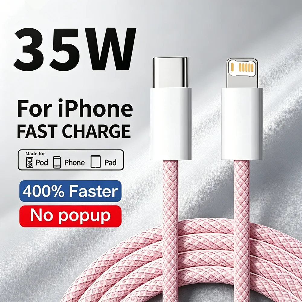 Cable de carga rápida PD 35 de alambre trenzado para iPhone 11, 12, 13 Mini, 14 Pro, X, XR, XS Max, 7, 8 Plus, Cable de datos USB-C de carga rápida, 1m, 2m