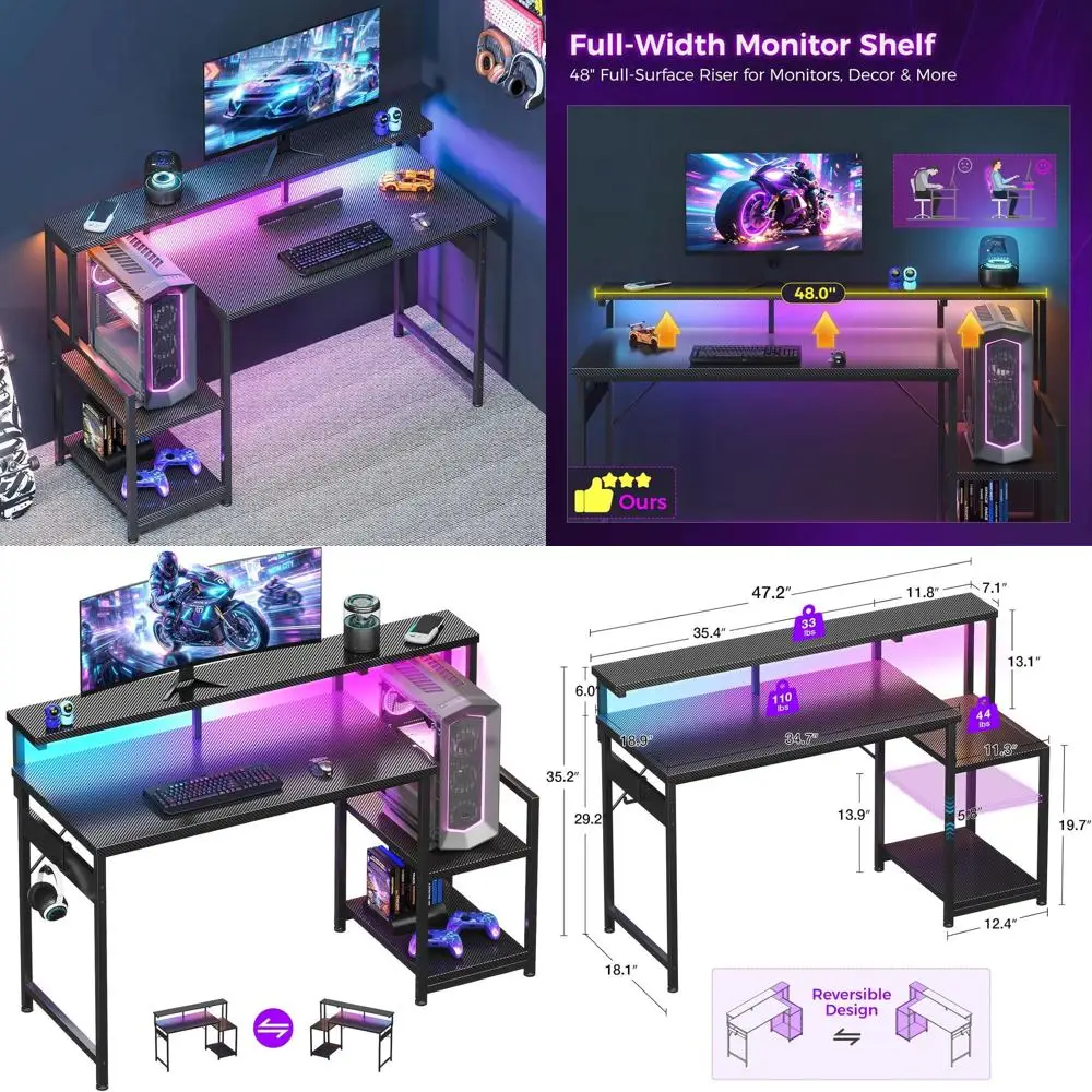 Ergonomic LED Gaming Desk with Reversible Monitor Stand