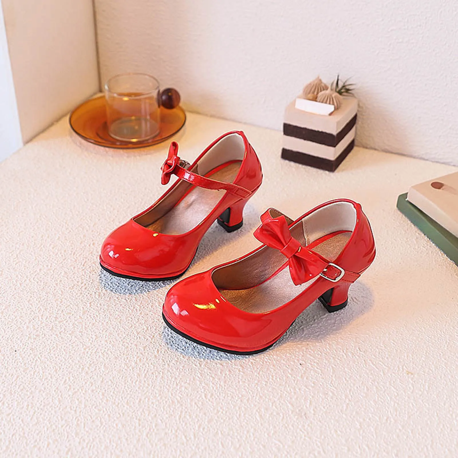 

Sparkling Party Heels for Girls Glossy Thin Heel Pumps with Bow Detail Performance Shoes Shiny Slip Performance Princess Shoes