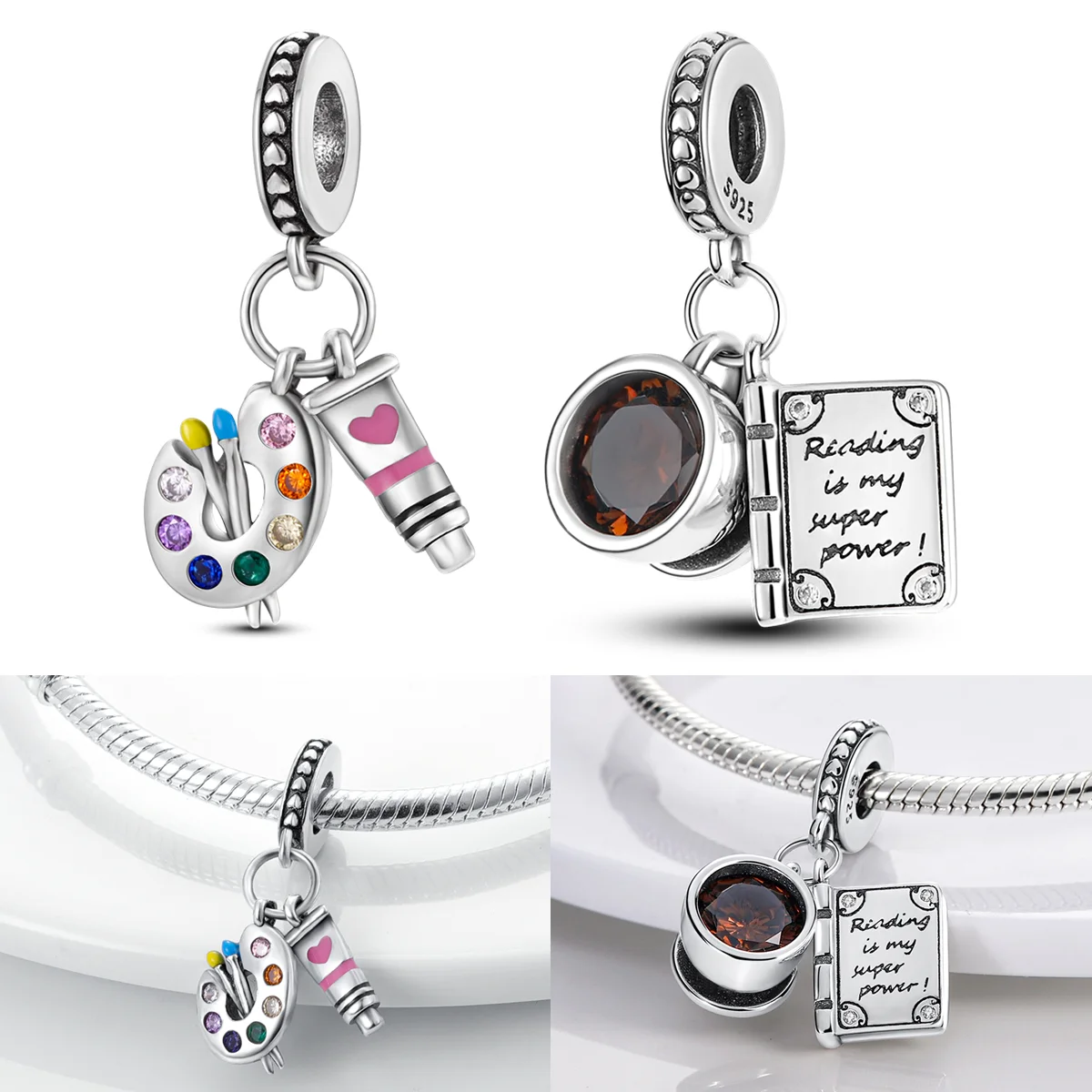 925 Sterling Silver Color Palette Charms Bead CZ Zircon Book Coffee Cup Dangle Fit Original Bracelet DIY Women Jewelry