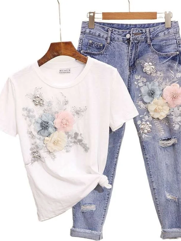 

Women's Faion Summer Suit Embroidered Stereo Flower T-irt Chic Tee-piece Set Winter Applicable Adult Mid-aged