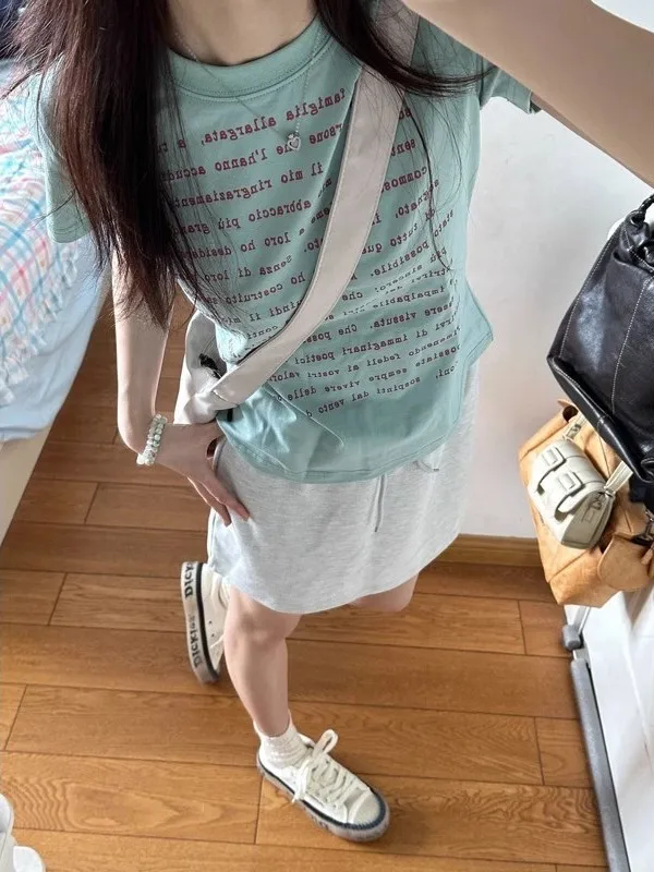 Sweet Spice Girls American Vintage Women T-shirt French Style Minority Short Trendy Top Slim All-match Streetwear Mujer