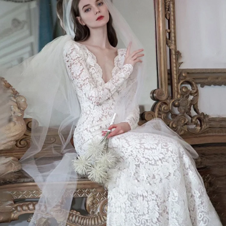 Korea Lace Appliques Mermaid Court Wedding Gowns Vintage Long-sleeve Formal Dresses Evening Party Dress