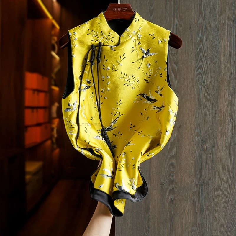 Spring Autumn Chinese Style Women Vintage Vest  All Match Vest Oriental Style Top Floral Vests Qipao Top Yellow  Jacquard Vest