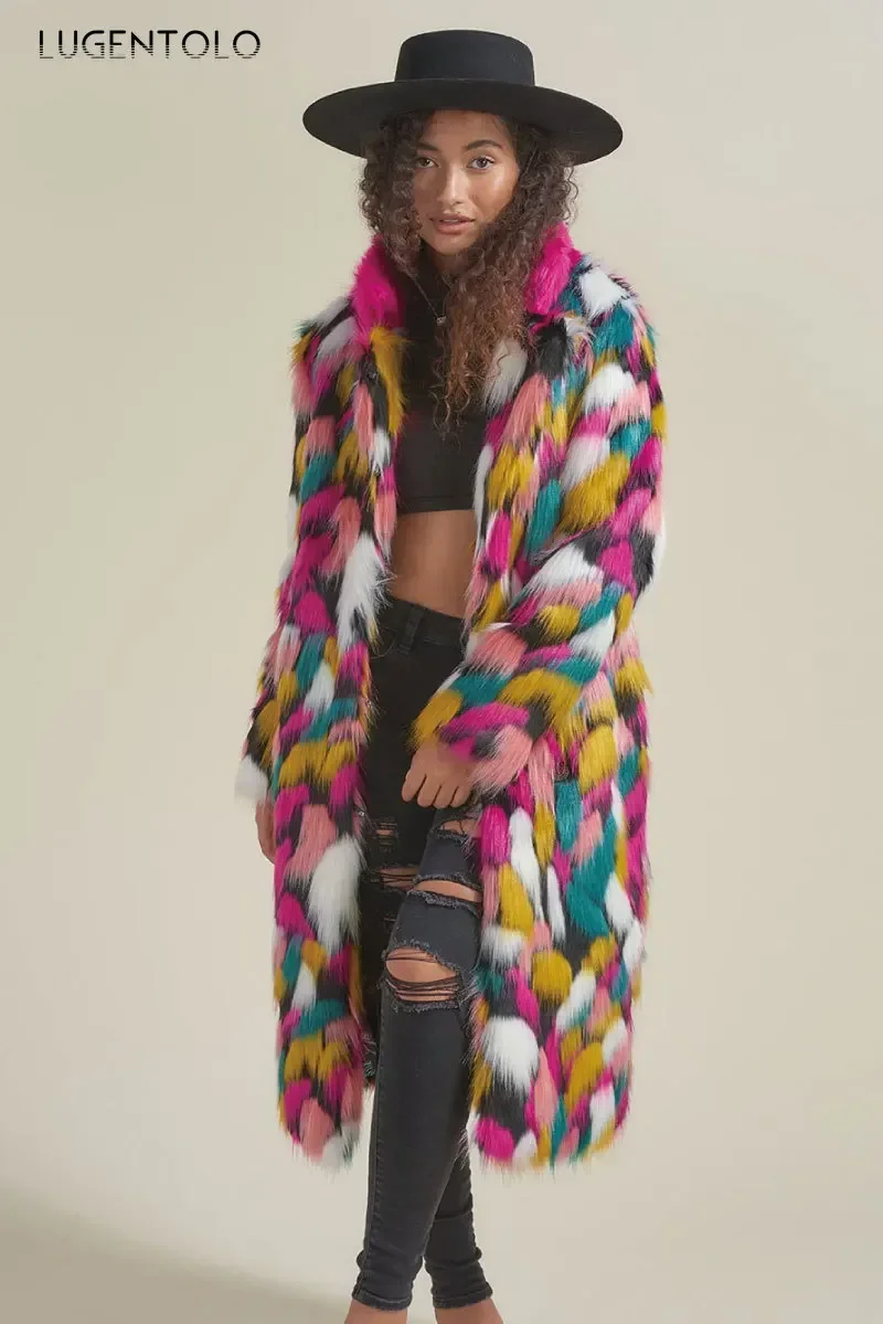 Women Faux Fur Long Coat Rainbow Colorful Faux Fox Fur Autumn Winter Lady Fashion Street Warm Quality 2023 Cloth Lugentolo