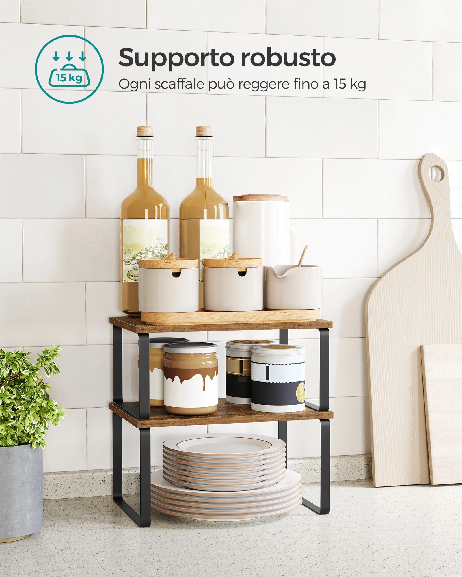 مجموعة SONGMICS مكونة من رفوف توابل خزانة قابلة للتوسيع، منظم رف المطبخ قابل للتكديس، معدن/خشب، أسود/بني ريفي #3