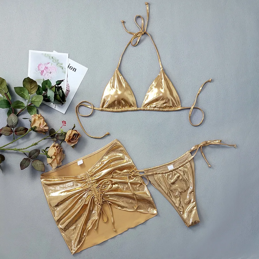 Gold Micro Thong String 3 Piece Bikini Set Damen Halter Swimwear Skirts Cover Ups Sexy Swimsuit Women 2026 Bathing Suit Bikinis