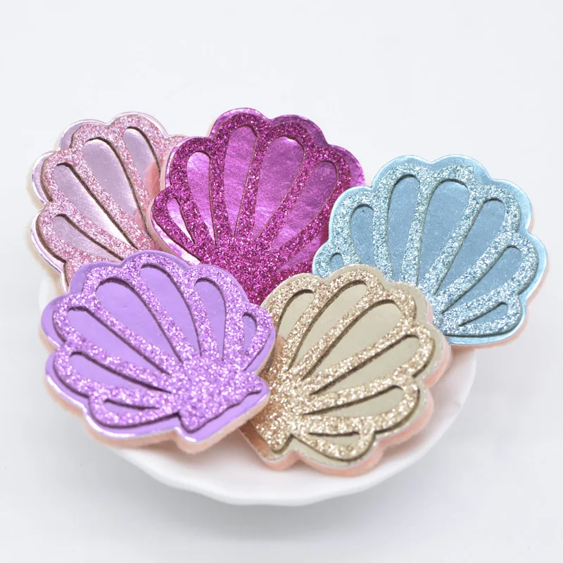 10Pcs 40*40mm Glitter PU Shell Padded Appliques for DIY Craft Cake Topper & Baby Headwear Clip Bow Accessories Decor Patches