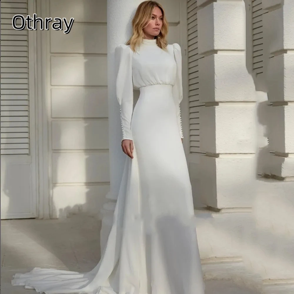 

Modern High Neck Chiffon Wedding Dress Long Lantern Sleeve Pleats Button Elegant Bridal Gowns Customized Vestidos De Novia
