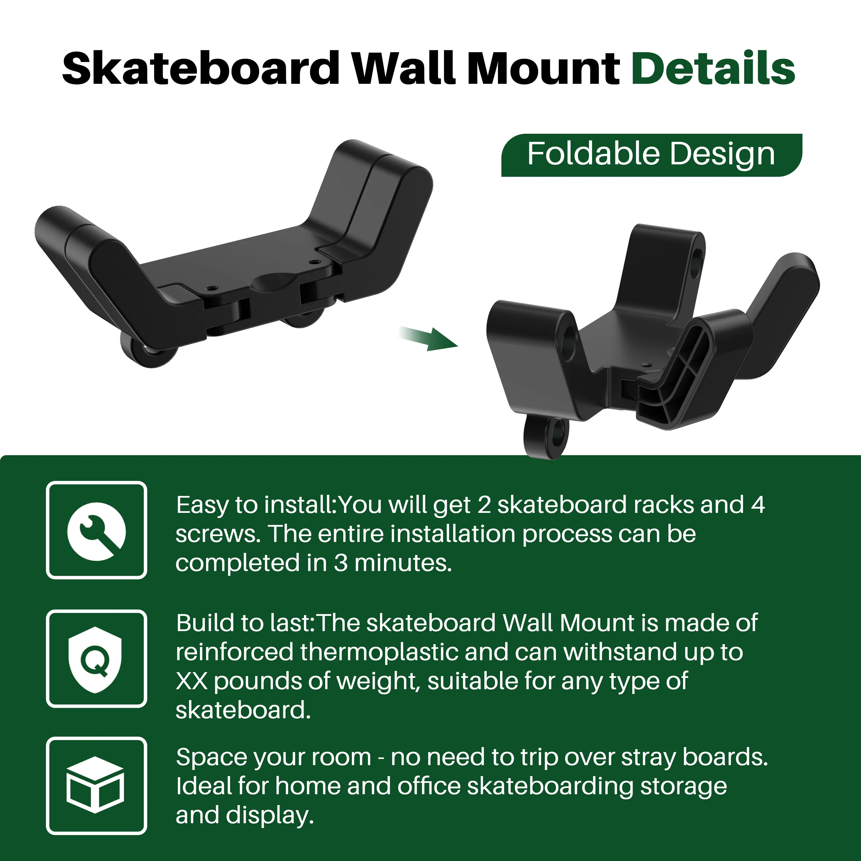 2 Pcs Skateboard Wall Mount Hanger Foldable Skateboard Rack For Skateboard And Longboard Storage and Display Winter Skate Tool