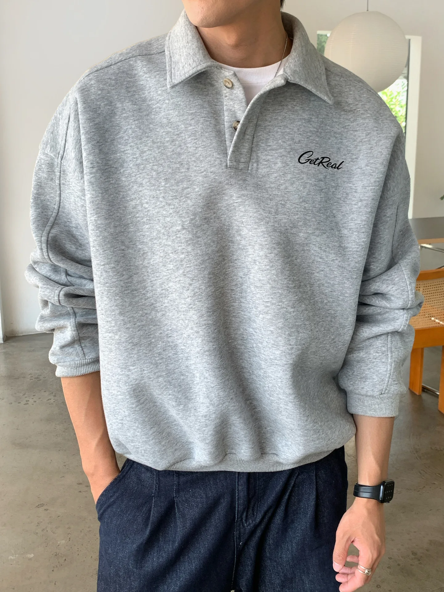 

Contrast-Color Letter Print Collared Hoodie Men's Polo Pullover Vintage Top Jacket Oversized